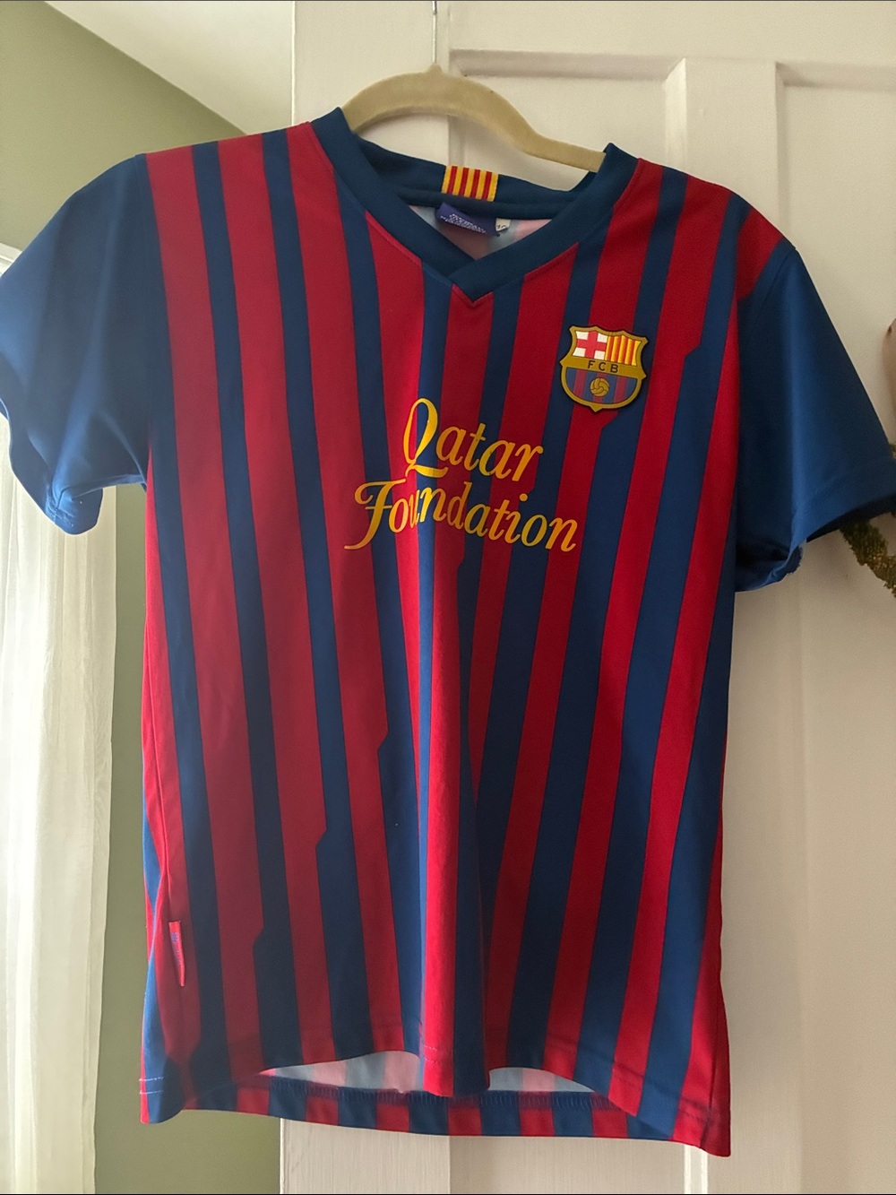 FC Barcelona Kids' Red & Blue Striped Soccer Jersey - Qatar Foundation
